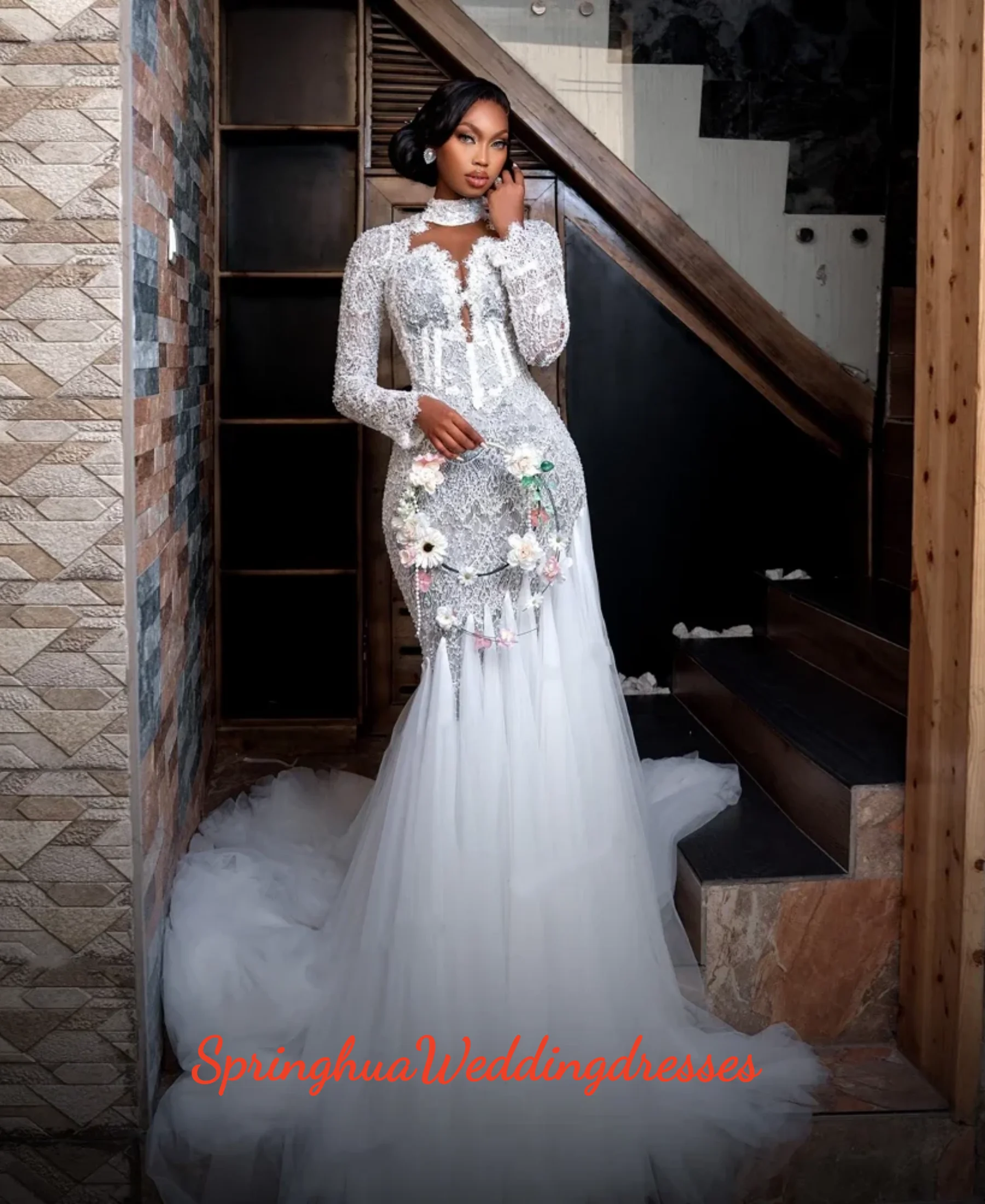 

Customized Elegant White Lace Mermaid Wedding Dresses Vintage Long Sleeve Transparent High Collar Bride Dress African Dress