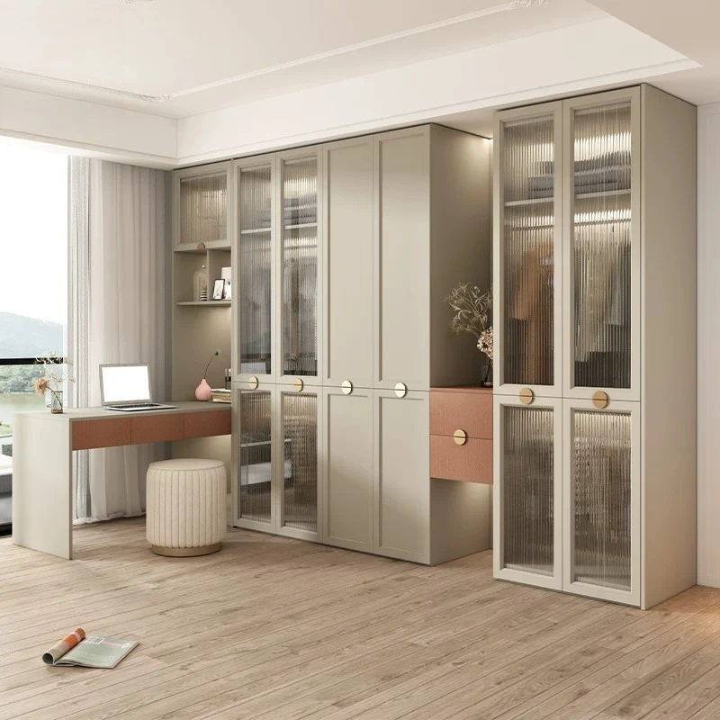 Cream Style Melamine Board Wardrobe Cabinet One-Piece Full Height Closet with Display Glass Panels & Matching Vanity Desk