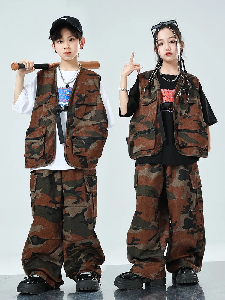 

Костюм для джазовых танцев в стиле хип-хоп, коричневый Камуфляжный костюм для девочек и мальчиков, жилет и брюки с короткими рукавами, костюм для выступлений, BL12971, 2024