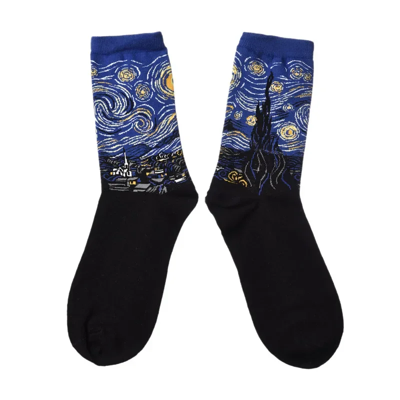 Men Starry Night Spring Winter Retro Women Personality Art Van Gogh Crew Oil Painting Funny Happy Socks Male Cotton Sokken