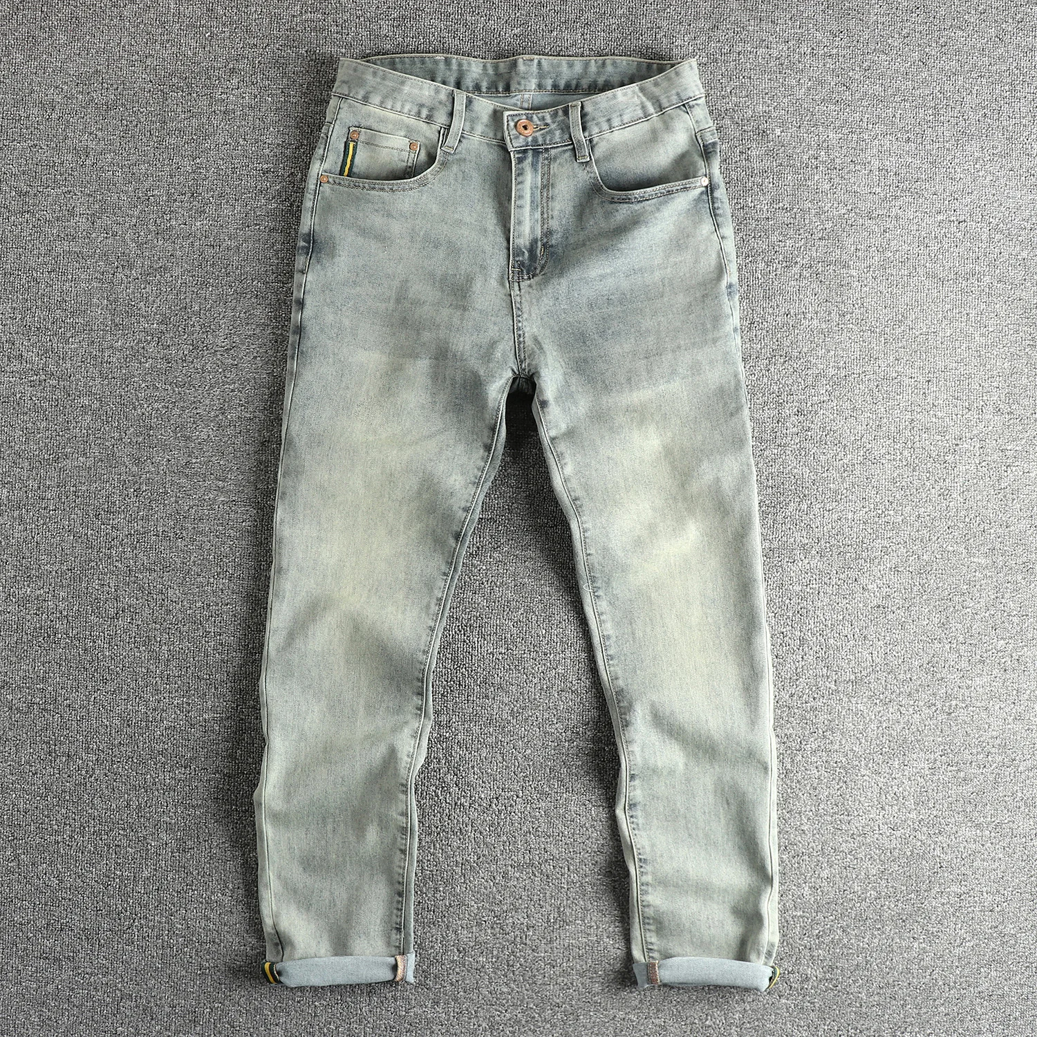

Men's Vintage Blue Washed Distressed Jeans Slim Tapered American Style Youth Denim Pants for Spring/Summer