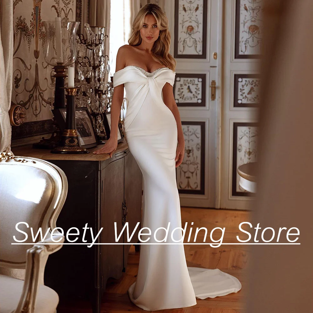 

Simple Mermaid Wedding Dress 2024 Banquet Dresses Off The Shoulder Sweetheart Beadings Sweep Train Vestidos De Novia