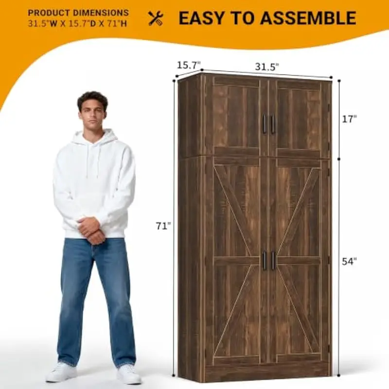 Tall 71 inch freestanding pantry cabinet with 7 shelves including 4 height adjustable units and rustic barn style doors for vers