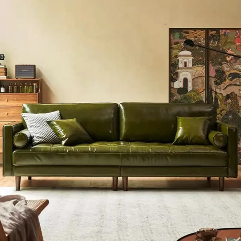 

Retro oil wax leather living room small apartment plaid medieval dark green leather sofa