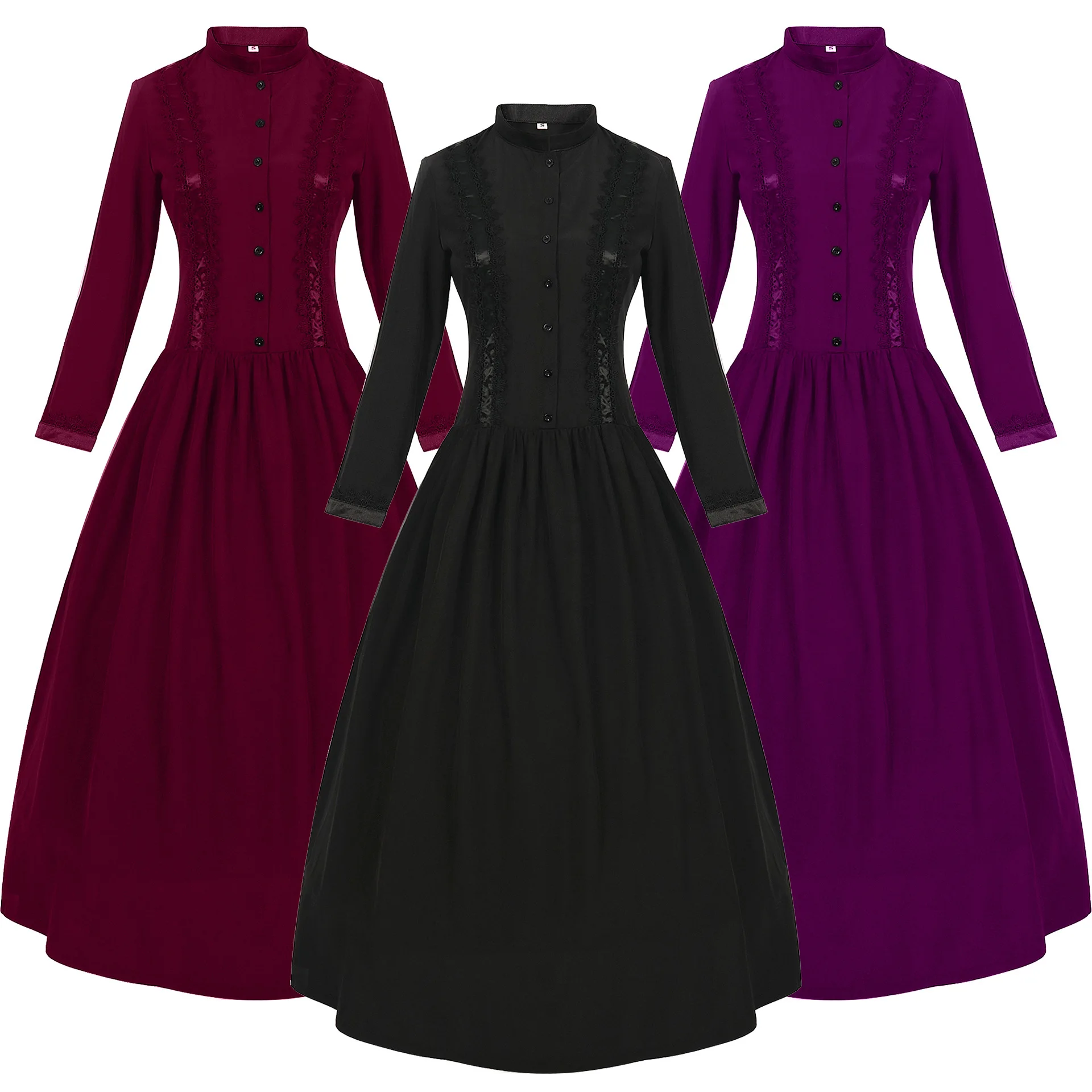 

New Halloween Medieval Dress for Women | Stand Collar, Flared Hem Vintage Gown (Gothic Court Style Role Play Costume)