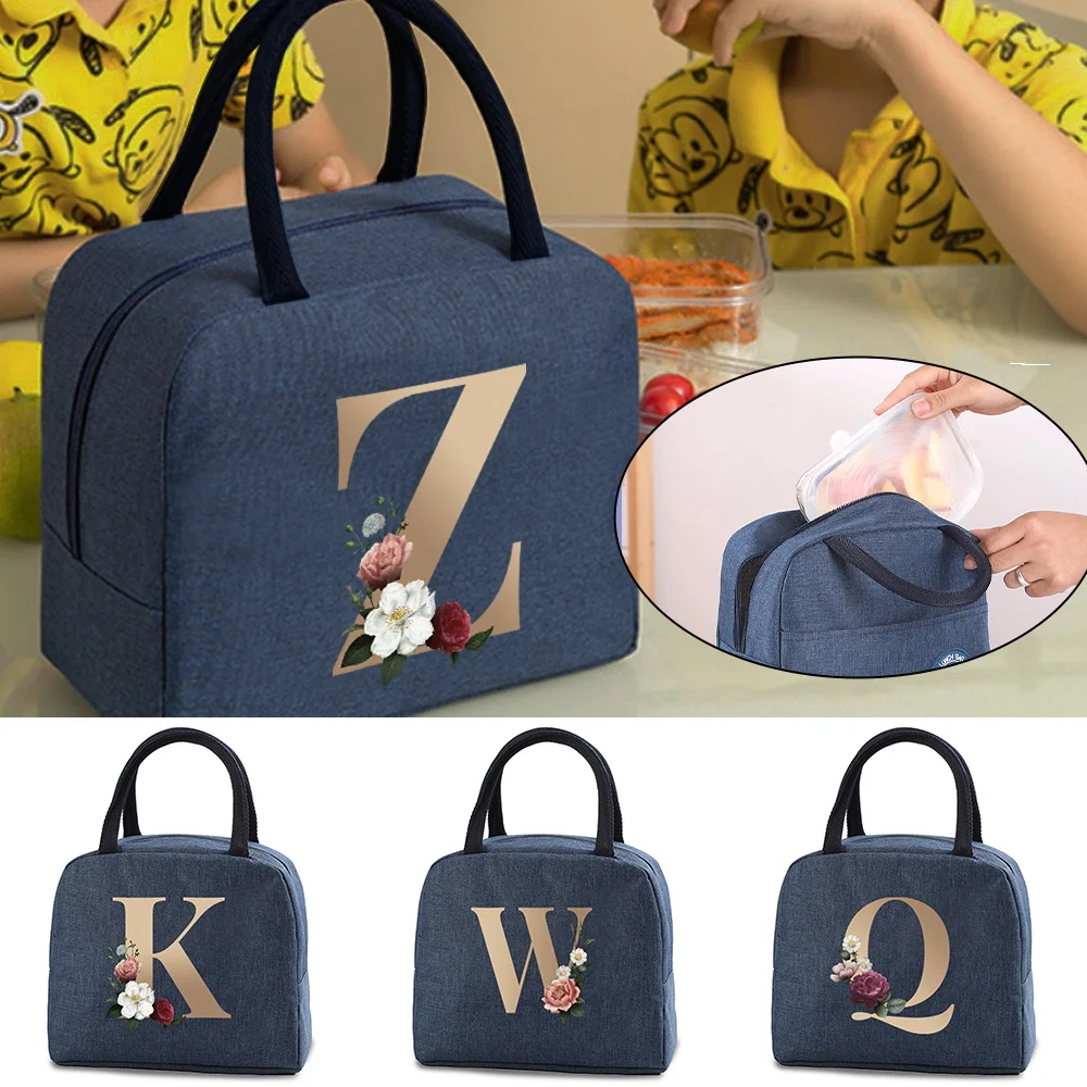 Thermal Insulated Cooler Bags Women Men Picnic Gold Letter Print Lunch Bento Box Trips BBQ Meal Ice Zip Pack Food Storage Bags