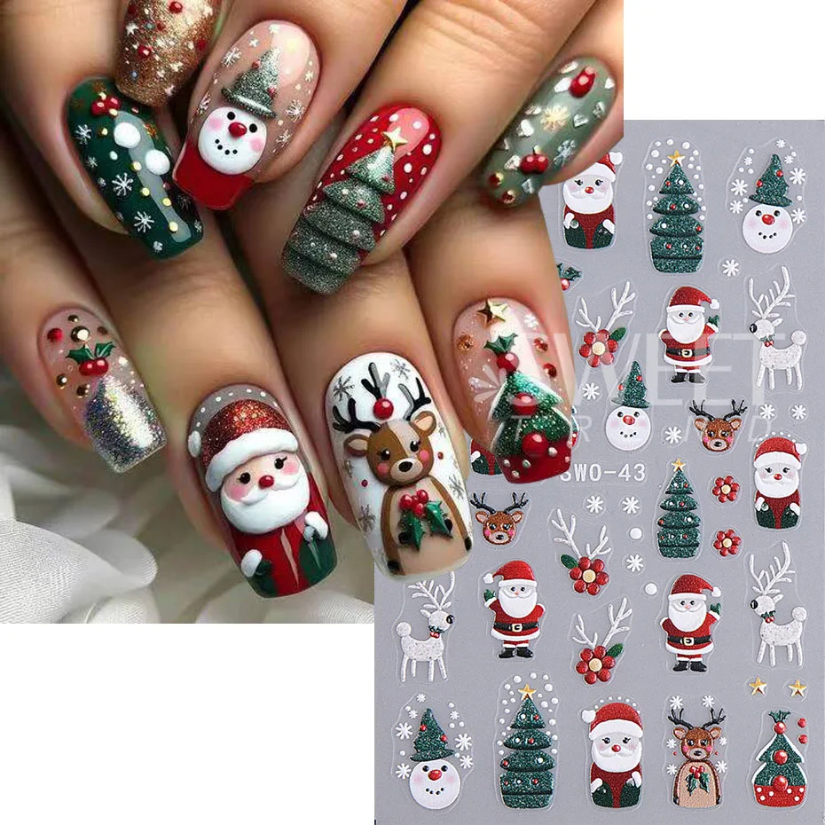 Pegatinas de uñas de Navidad en relieve 5D, calcomanía de uñas de hombre de jengibre, copo de nieve, muñeco de nieve, pingüino, suministros de decoración de otoño e invierno