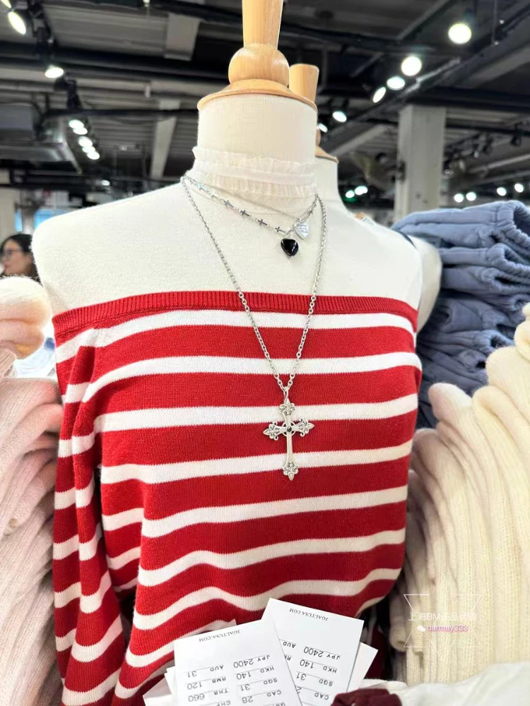 One-shoulder Cotton Red Knit for Women 2024 Autumn Striped Boat-neck Sweater for Ladies Spice Girl Style Versatile Top