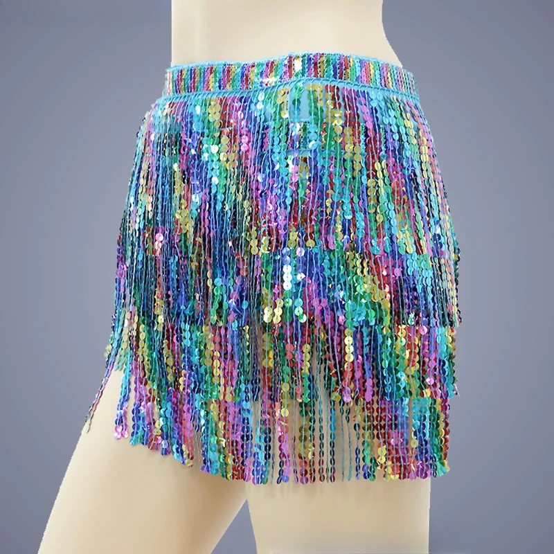 Women Girls Belly Dance Shiny Sequins Tassel Hip Wrap Scarf Skirt Belt Dancing Costume Dance Wear Carnival Rave Performance Belt