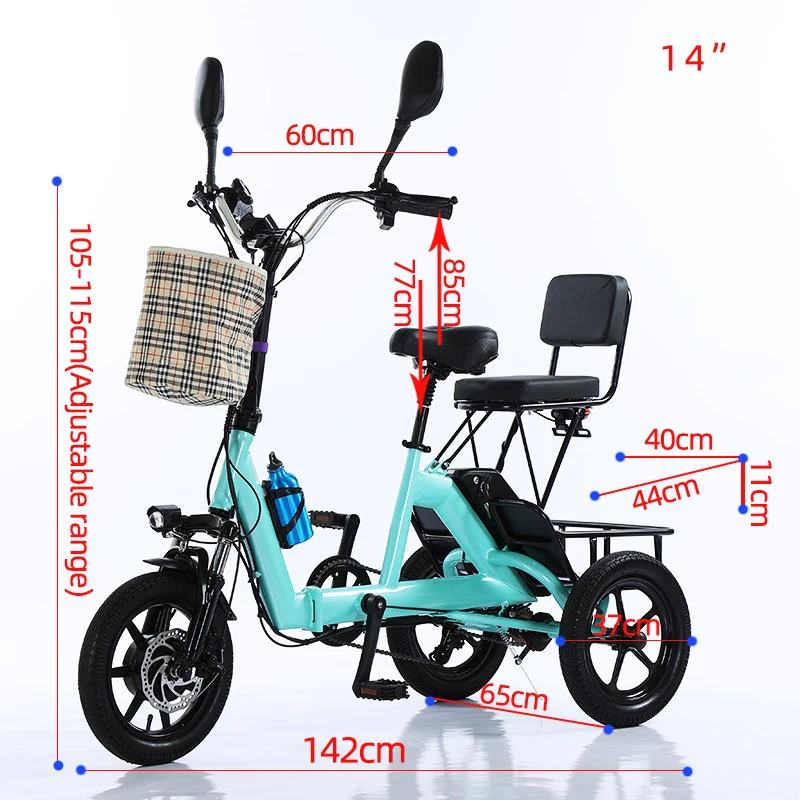 48V 350W Electric Tricycle For Adults Small Folding Electric Bicycle Frame Only 14 Inch 2 People With basket Removable Rear Seat