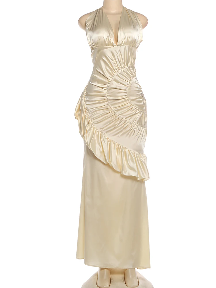 SiSterlinda Elegante abito senza schienale in raso da donnaClassic Halter con scollo a V increspato senza maniche Chic Fashion Birthday Party Club Abiti