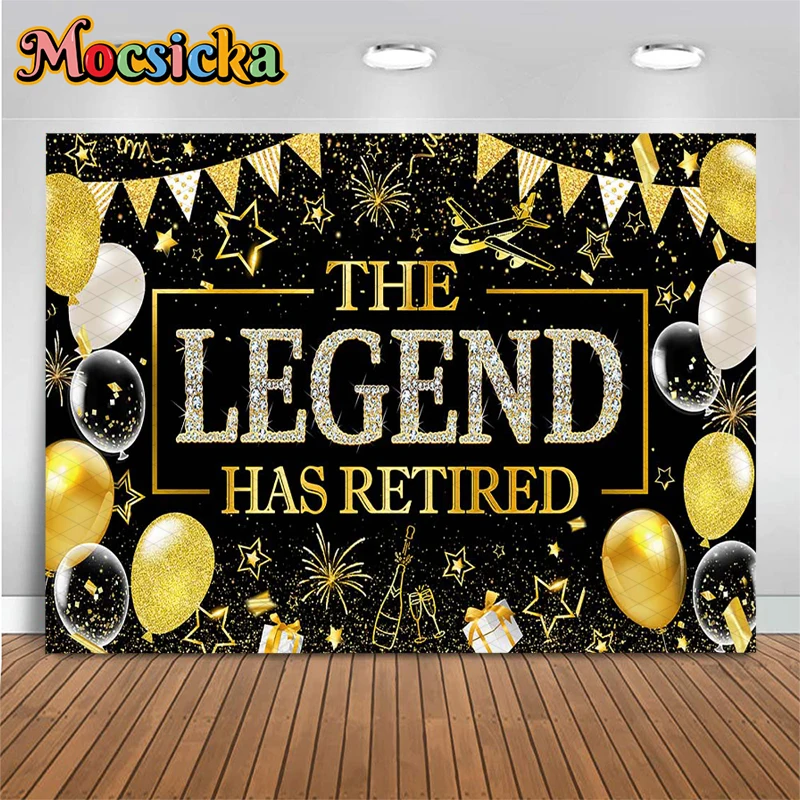 Mocsicka The Legend Has Retired Backdrop Black Gold Glitter Retirement Party Photography Background Celebration Props Photobooth