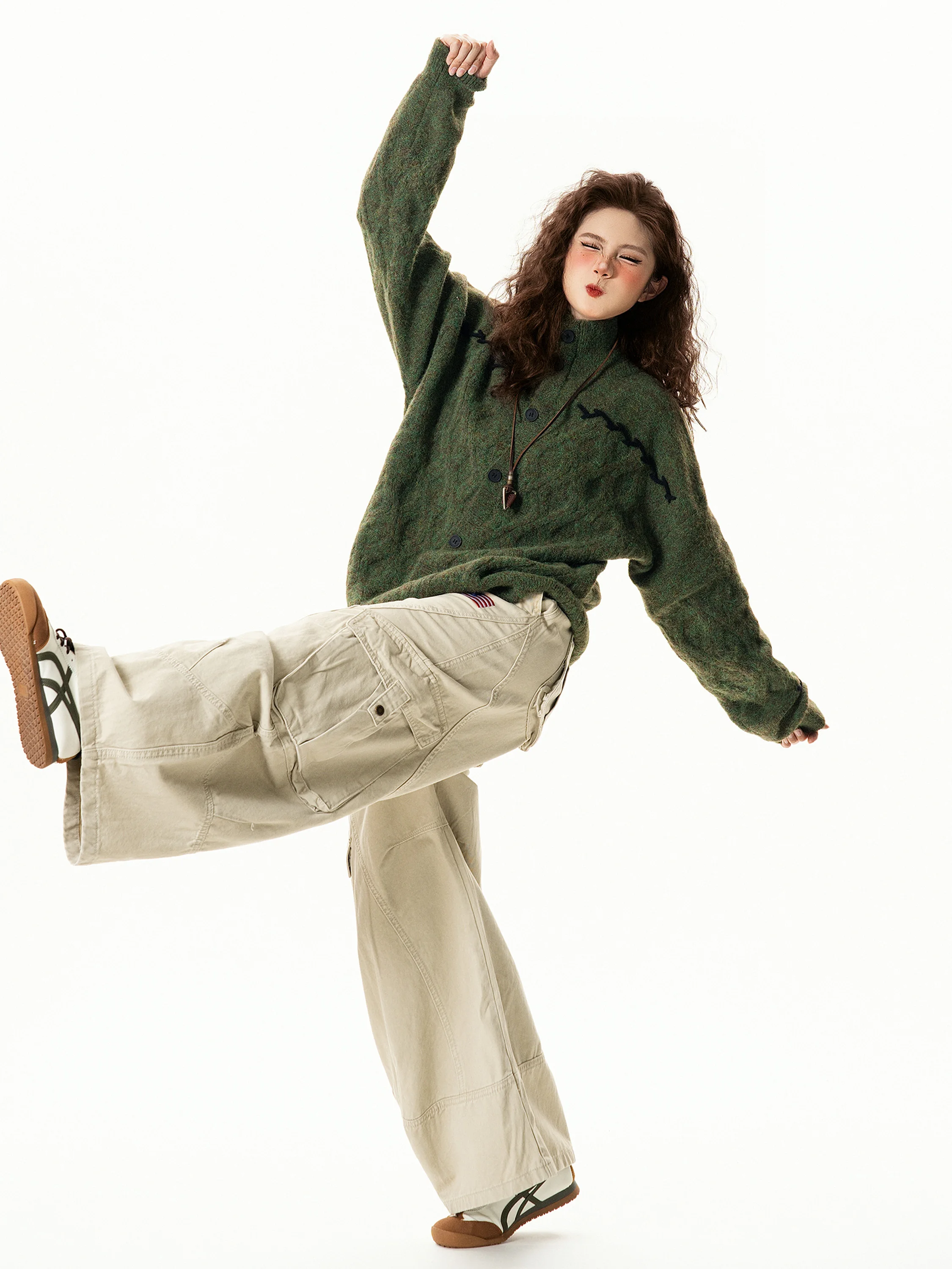 

Retro American Design Stand Collar Sweater Cardigan Women's Loose Lazy Versatile Knitted Outerwear Autumn Winter Casual Sle