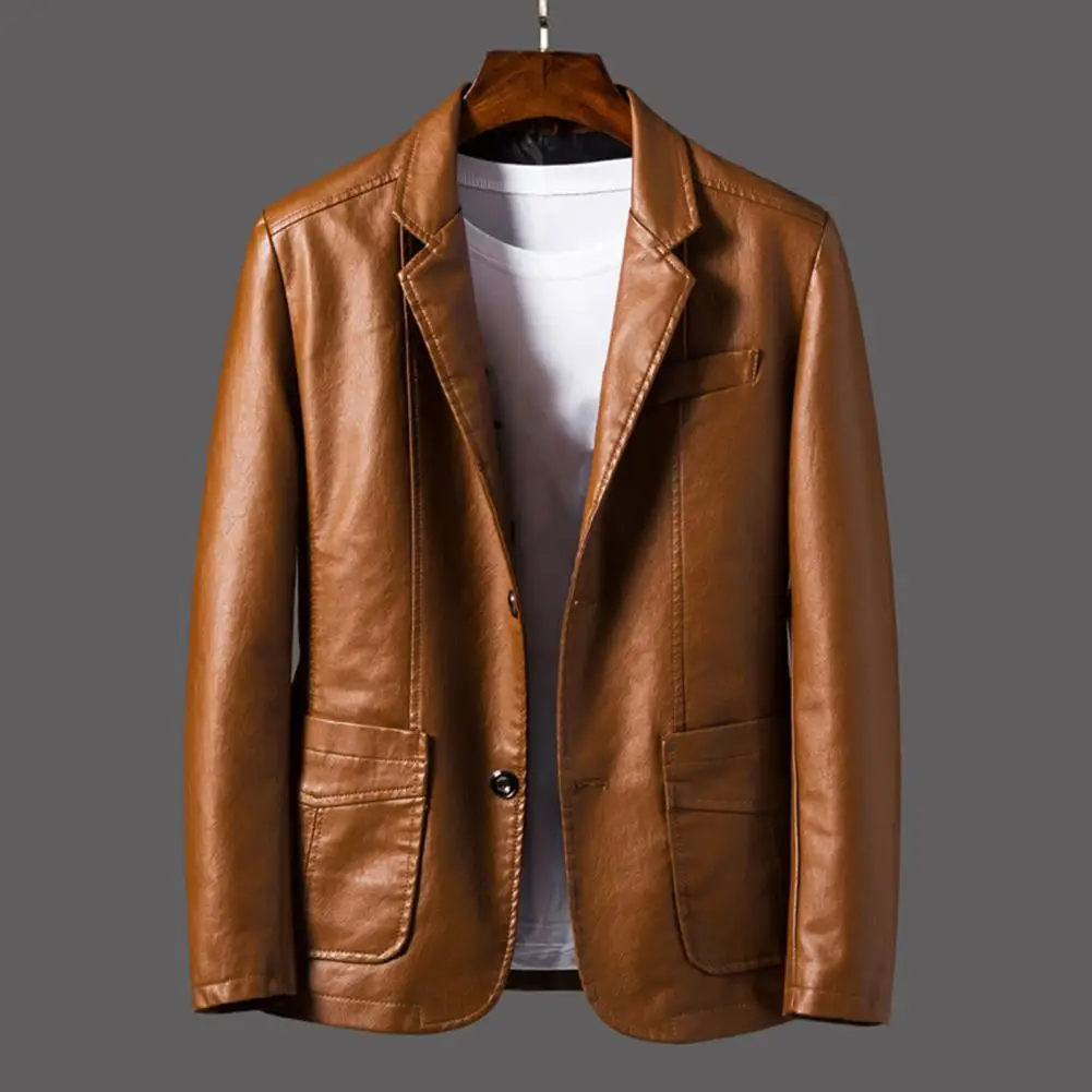 Men Jacket Stylish Men's Lapel Faux Leather Jacket with Pockets Long Sleeve Single Breasted Outwear for A Loose Fit for Everyday