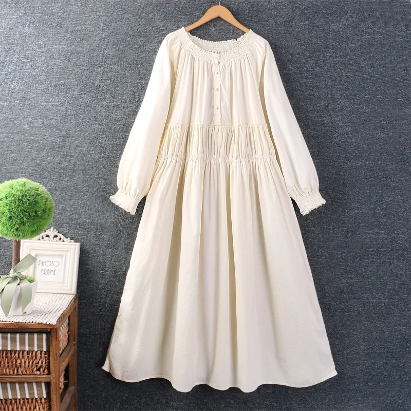 

Spring Sweet Mori Girl Japan Style Solid Color Casual Dress Women Round Neck Long Sleeve Midi Dresses White Black