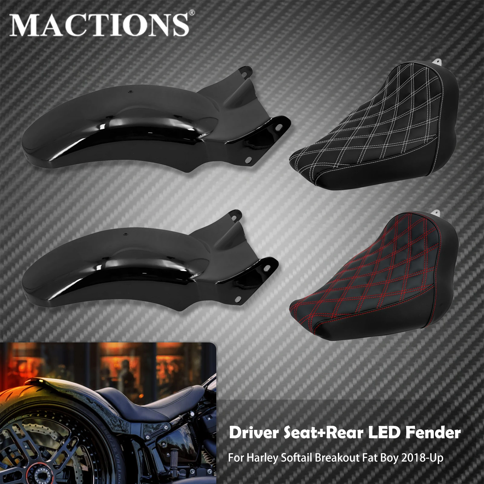 

Motorcycle Driver Front Solo Seat With Rear LED Fender Light Mudguard Set For Harley Softail Breakout For Fat Boy FXDR 2018-2023