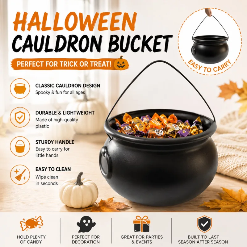 32cm Large Capacity Reusable Black Witch Cauldron Portable Plastic Halloween Candy Bucket For Trick Or Treat Party Home Decor