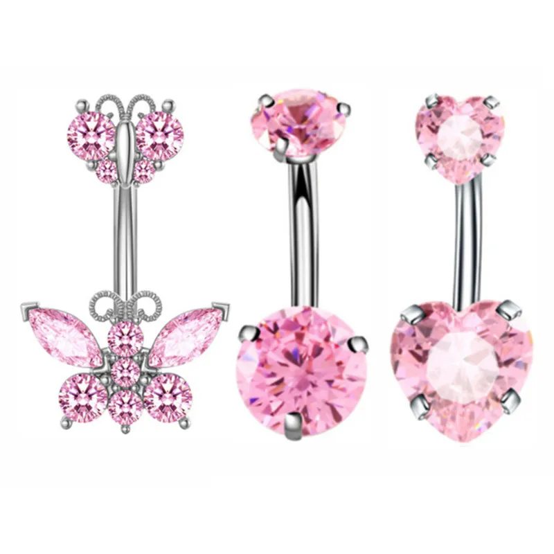 3PCS Pink Crystal Belly Button Rings Set