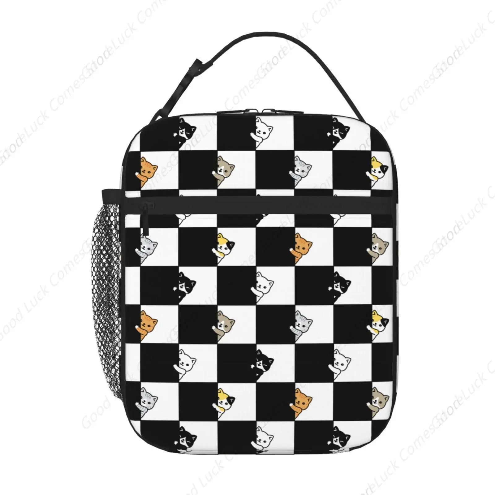 Black And White Checkered Cat Insulated Lunch Bag,Kids Lunch Box For Girls Boys Teen,Kid Lunch Box Cooler Bag With Front Pocket