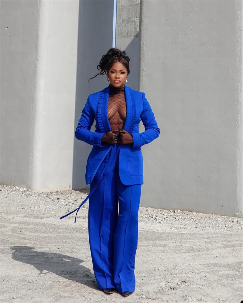 Royal Blue Women Pants Suits Set 2 Pieces Jacket Ruffles Lapel Blazer With Belt Elegant Jacket Loose Prom Dresses Custom Made