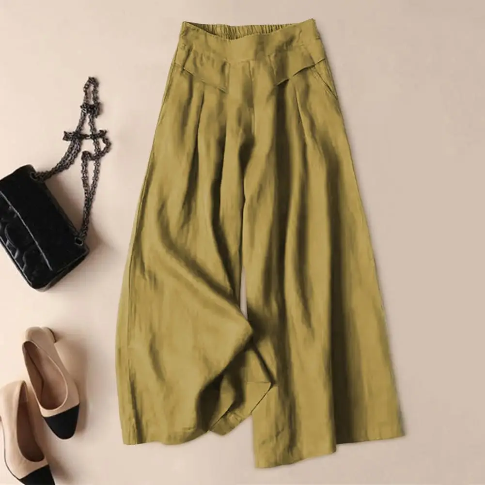 

Wide-leg Pants Stylish Wide Leg Pants With Elastic Waist Pockets For Women Mid-rise Solid Color Culottes For Leisure For Summer