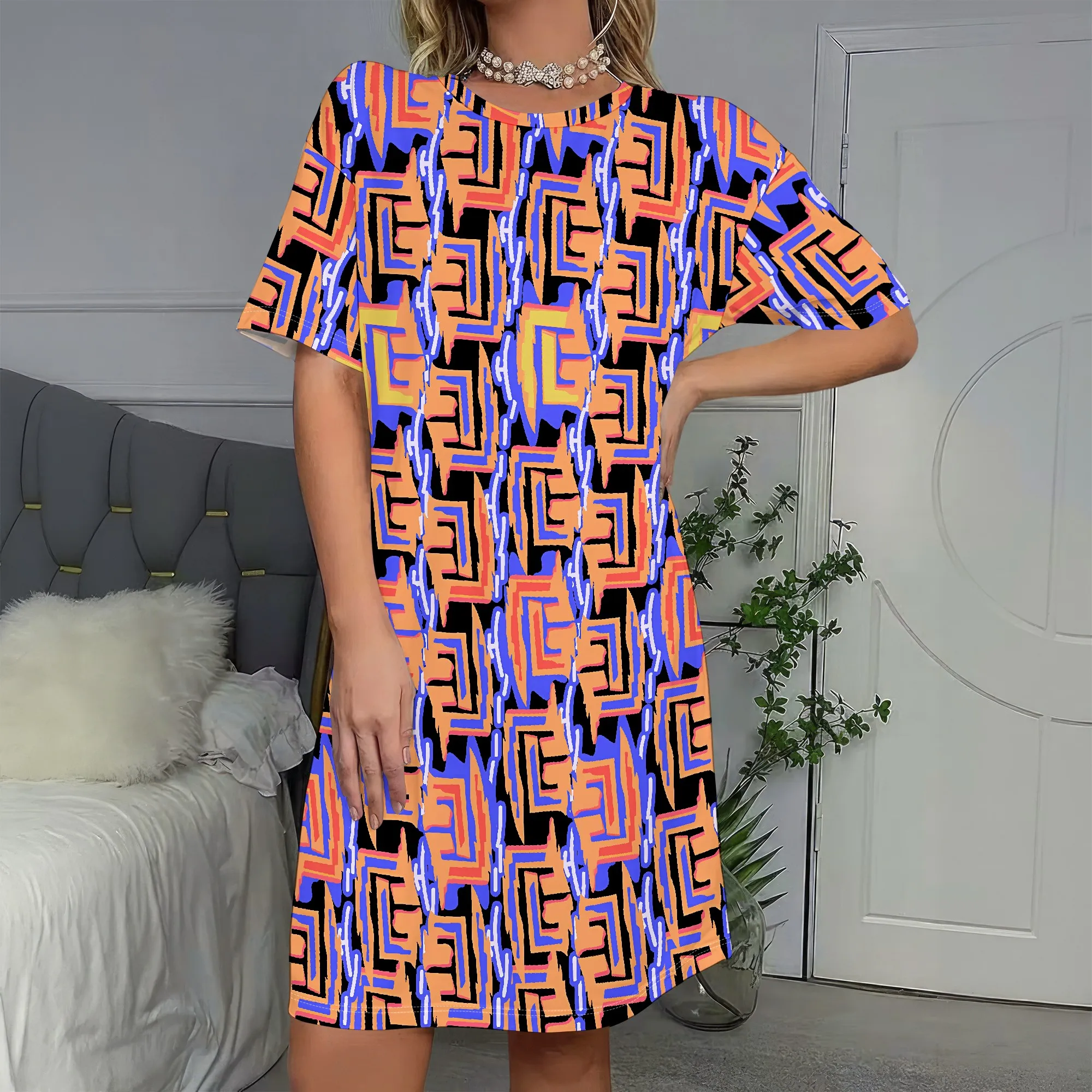

Bold Print, Short Sleeve Dress, Geometric Pattern Abstract Art, Vibrant Colors Modern Style, Casual Wear Party Outfit, S-2XL