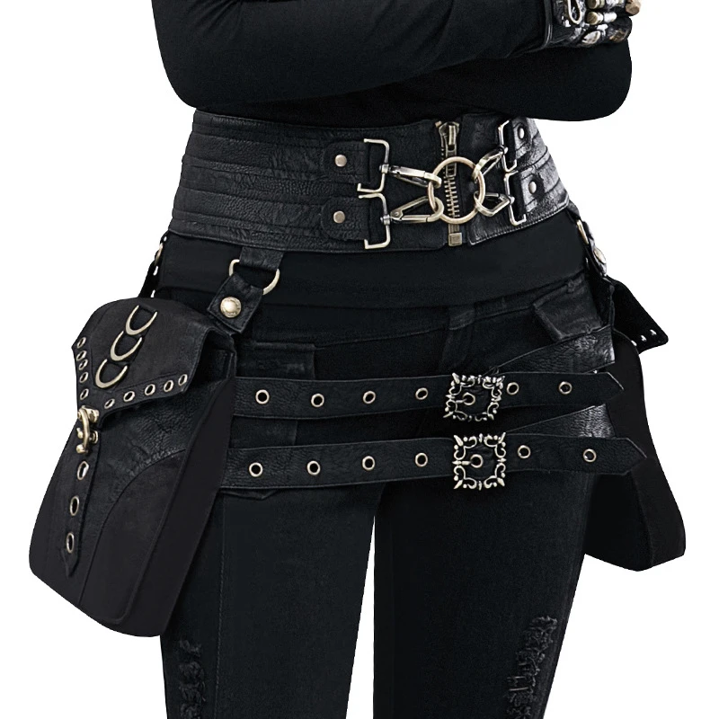

Fanny pack steampunk PU leather women's bag outdoor mobile phone retro waist belt bag lighter bag wallet