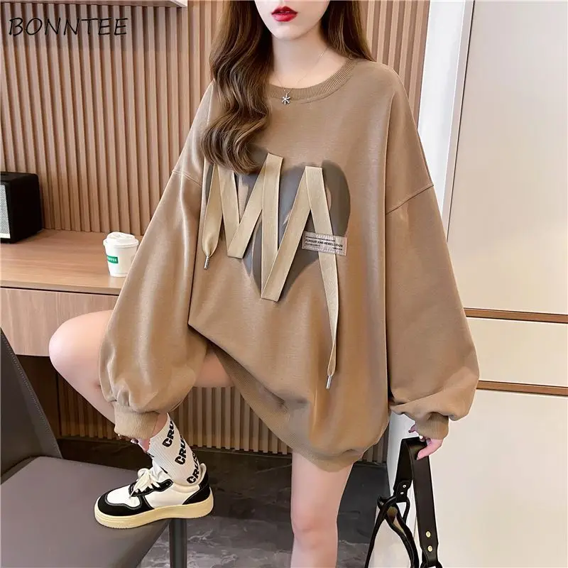 

Plus Velvet Hoodies Women O Neck Draw String Printing Warm Autumn Winter Korean Style Leisure Fashion Vintage Chic Loose Simple