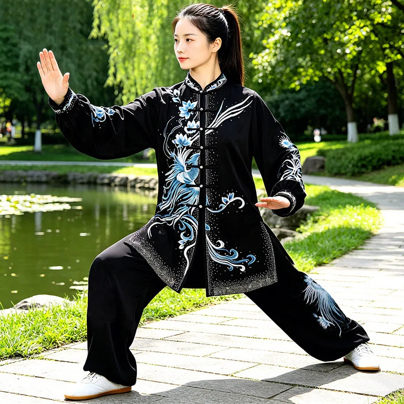 Women's Black Heavy Embroidery Rhinestone Tai Chi Performance Suit - High-End Double Silk Hemp Spring Summer Competition Uniform