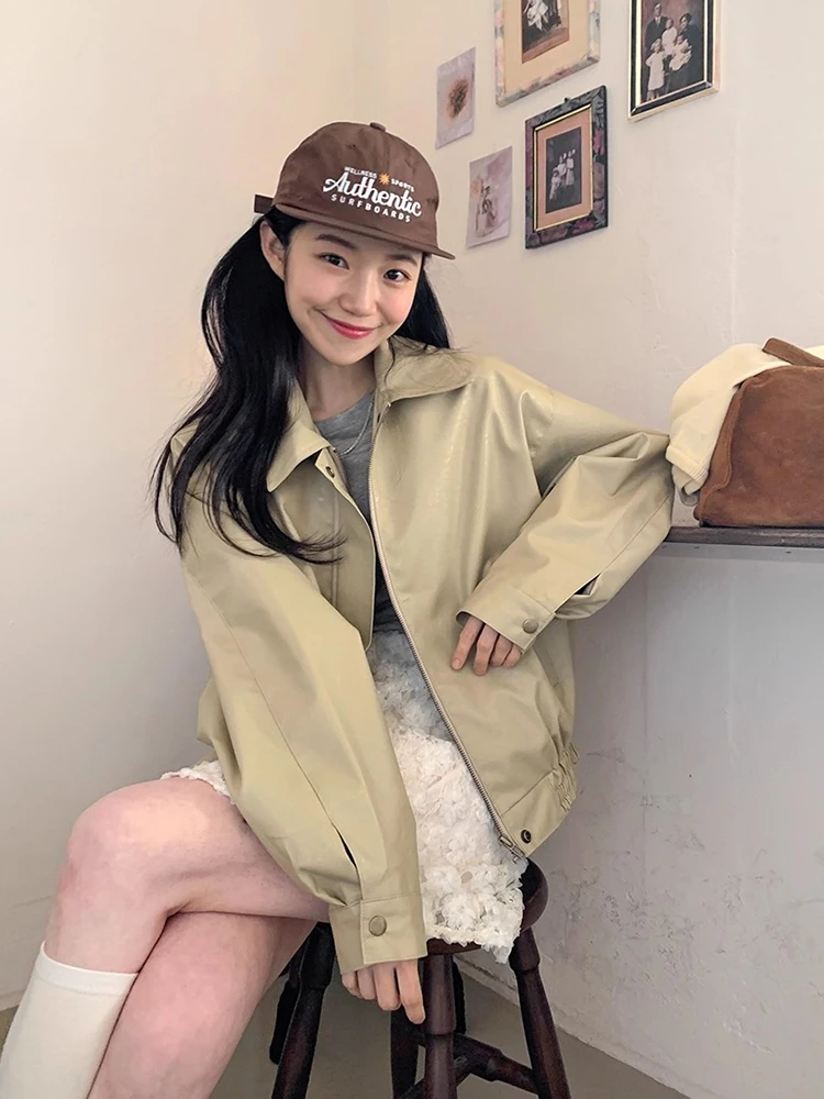 

Шикарное осеннее свободное повседневное пальто из искусственной кожи с откидным воротником Jaet Long Sve, женское пальто Sli для поездок на работу, свободная посадка на молнии