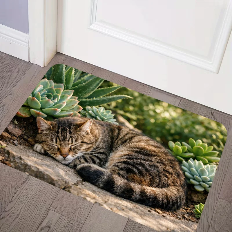 Sleeping Tabby Cat Succulent Doormat, Kitten Indoor Entrance Welcome Floor Mat, Washable Kitchen Garden Dining Party Rug