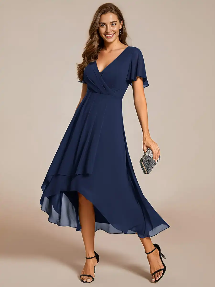 Elegant Evening Dresses Ruffles Sleeve Pleated V-Neck Midi 2024 Ever pretty of A-Line Navy Blue Chiffon Wedding Guest Dress