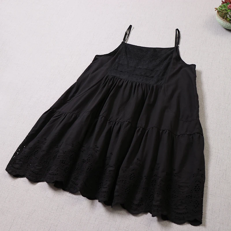 Japanese Sweet Mori Girl Embroidery Hollow Out Spaghetti Strap Dress Women Sleeveless Casual Loose Cotton Mini Dress Underdress