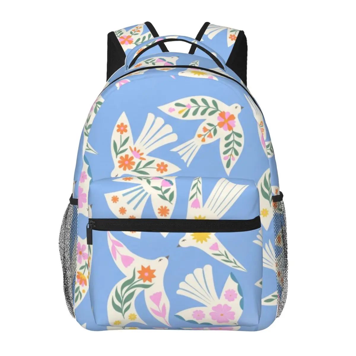 Flower Student Bookbag Tossed Stylized Birds Modern Floral Light Blue White Multi Cool Bookbag for Girls Boys College Travel Gym