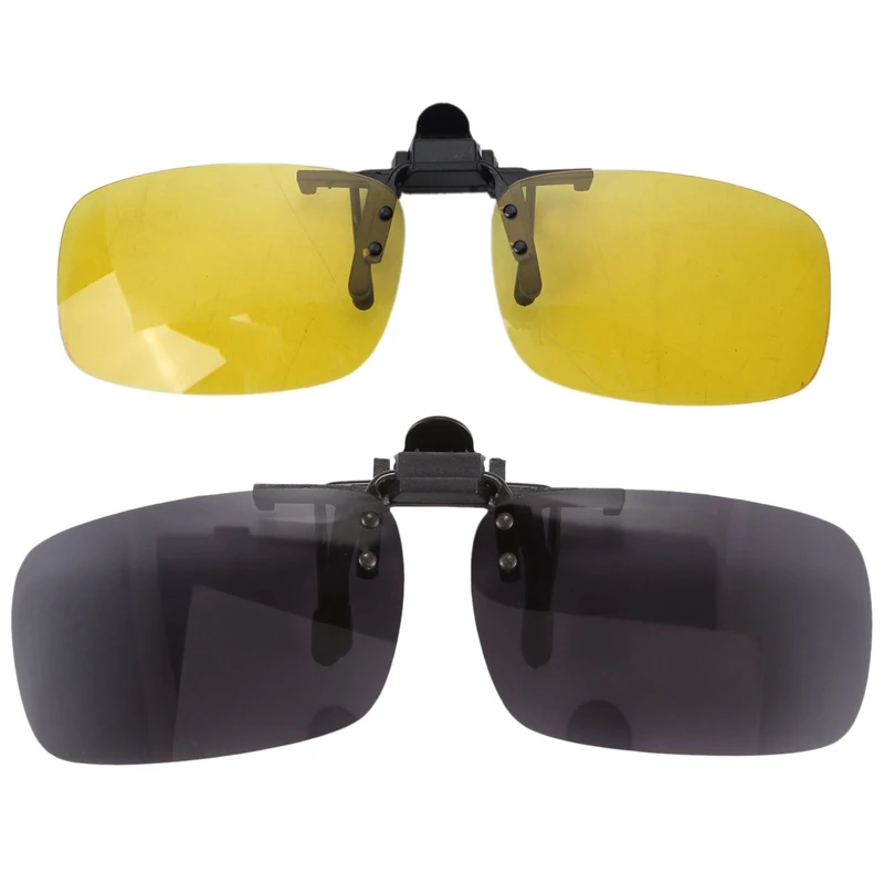 Rectangle Clear Yellow Lens Rimless Clip On Night Vision Driving Glasses With Polarized Rimless Rectangle Gray Lens