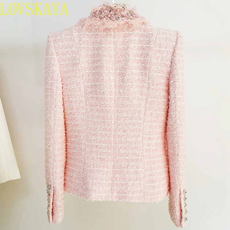 High Quality Pink Women's Autumn and Winter New Diamond Button Beaded Tassel Jacket Jacket, Office Women's Top