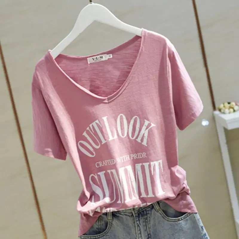 Casual V Neck Printing Letter T Shirts Summer New Short Sleeve Solid Loose Plus Size Vintage Tops Fashion Trend Women Clothing