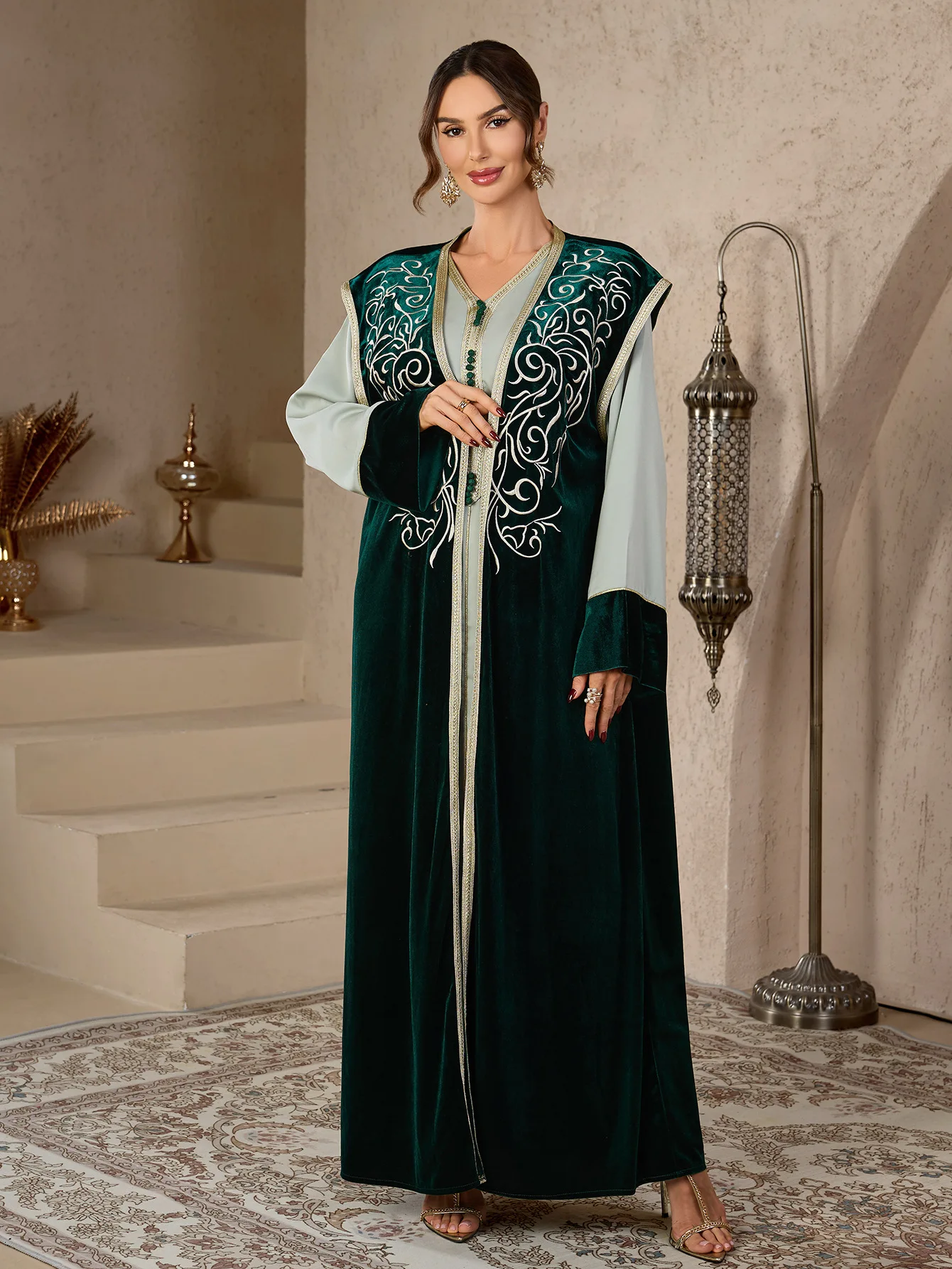 

Вышитое бархатное платье с поясом, цветочное платье с поясом, комплект из 2 предметов, скромное платье-кафтан, элегантное мусульманское макси-платье с корейским флисом