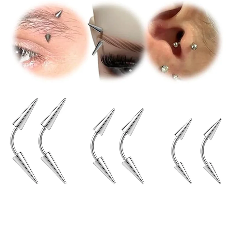 2pcs/6pcs Spike Eyebrow Piercing Jewelry Stainless Steel Curved Barbell Eyebrow Tragus Lip Rings Earrings For Men