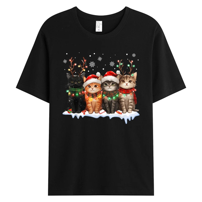 

Cat Christmas T-shirt Light Reindeer Santa Christmas Cat Lover Men's Cotton Graphic 2025 Discount Tshirt Male Clothes Slim Fit