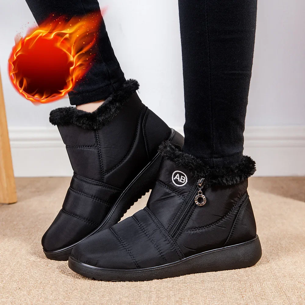 

Female Waterproof Cotton Shoes Winter Women's New Warm Fur Boots Large Size Side Zipper Thick Bottom Anti Slip Snow Boots