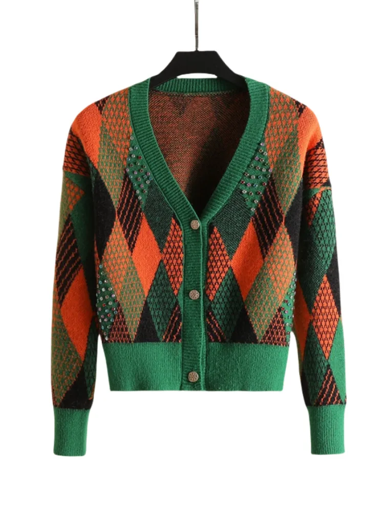 

Женский трикотажный кардиган с V-образным вырезом, свободный свитер с длинным рукавом, винтажный джемпер в клетку со стразами, весна 2024