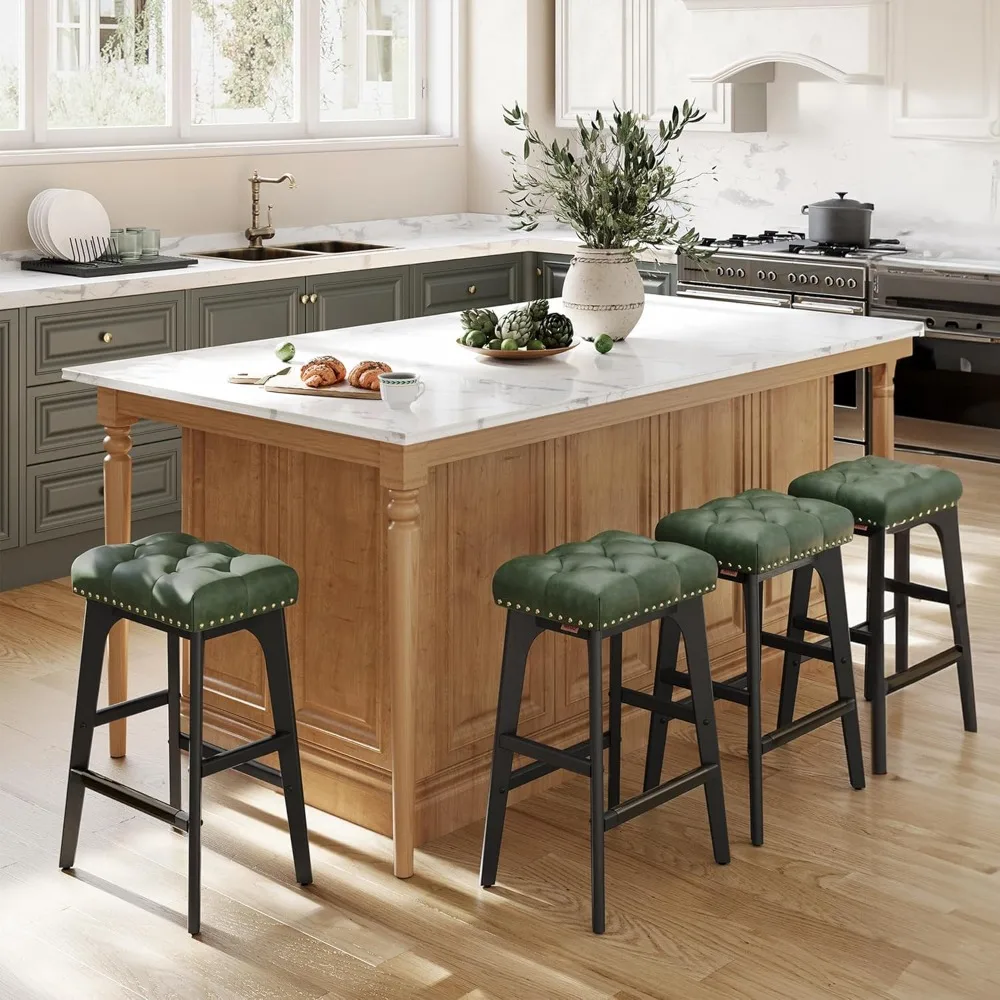 Saddle counter height bar stools,  backless kitchen stools with wood legs, PU leather thickened upholstered