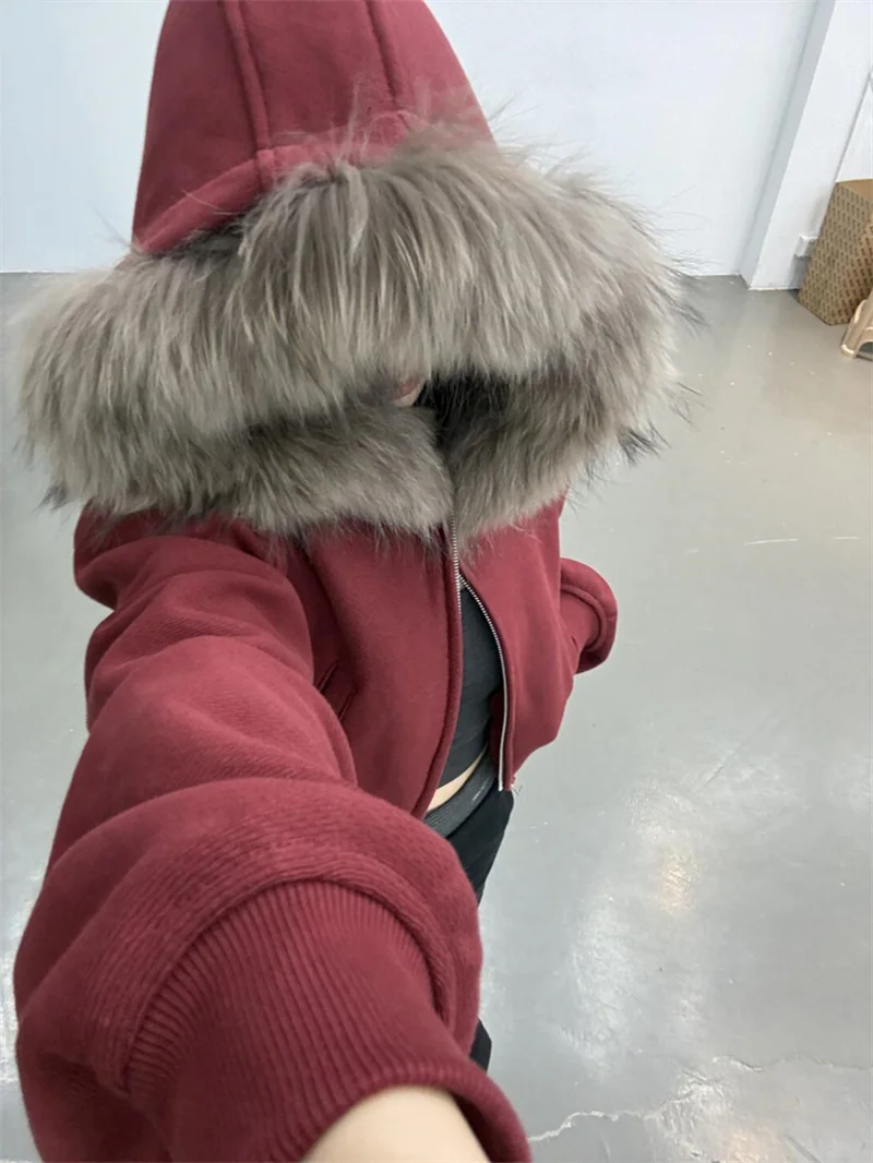 

New Year Ankela Red Fur Collar Hooded Jacket for Women, Autumn and Winter Thick Design, New Style Slim Fit And Classic Short To