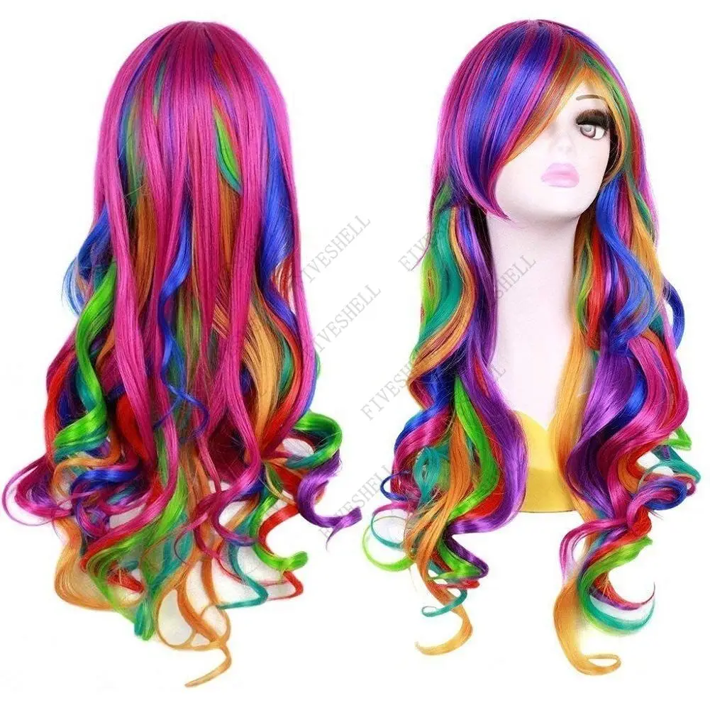 Halloween Wig Women Multi Color Wigs Party Clown Wear Anime Harajuku Style Rainbow Curly Synthetic Hair Party Costume Lolita Wig