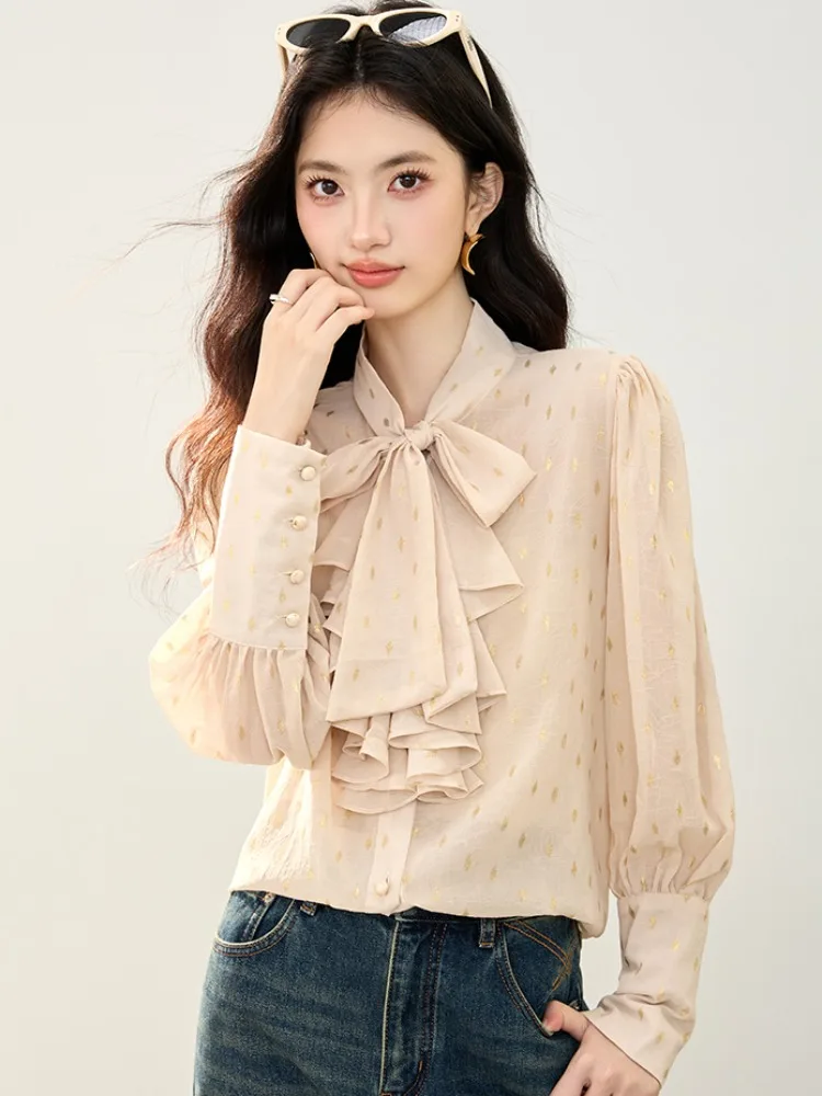 

Элегантная шифоновая женская блузка с длинным рукавом и узлом, универсальная базовая модель из смесовой ткани