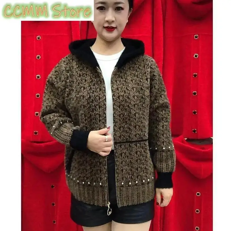 Middle-Aged Women's Knitwear Cardigan High-Quality Mother Mink Velvet Jacket Female Autumn Winter New Short Hooded Sweater Coat