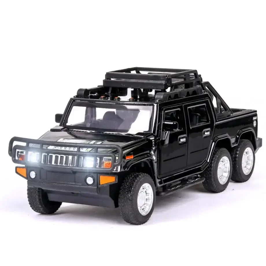 

1:32 Scale Hummer 6x6 Pickup Truck Diecast Off-road Vehicle Metal Model With Light And Sound Orv Pull Back Car Toys