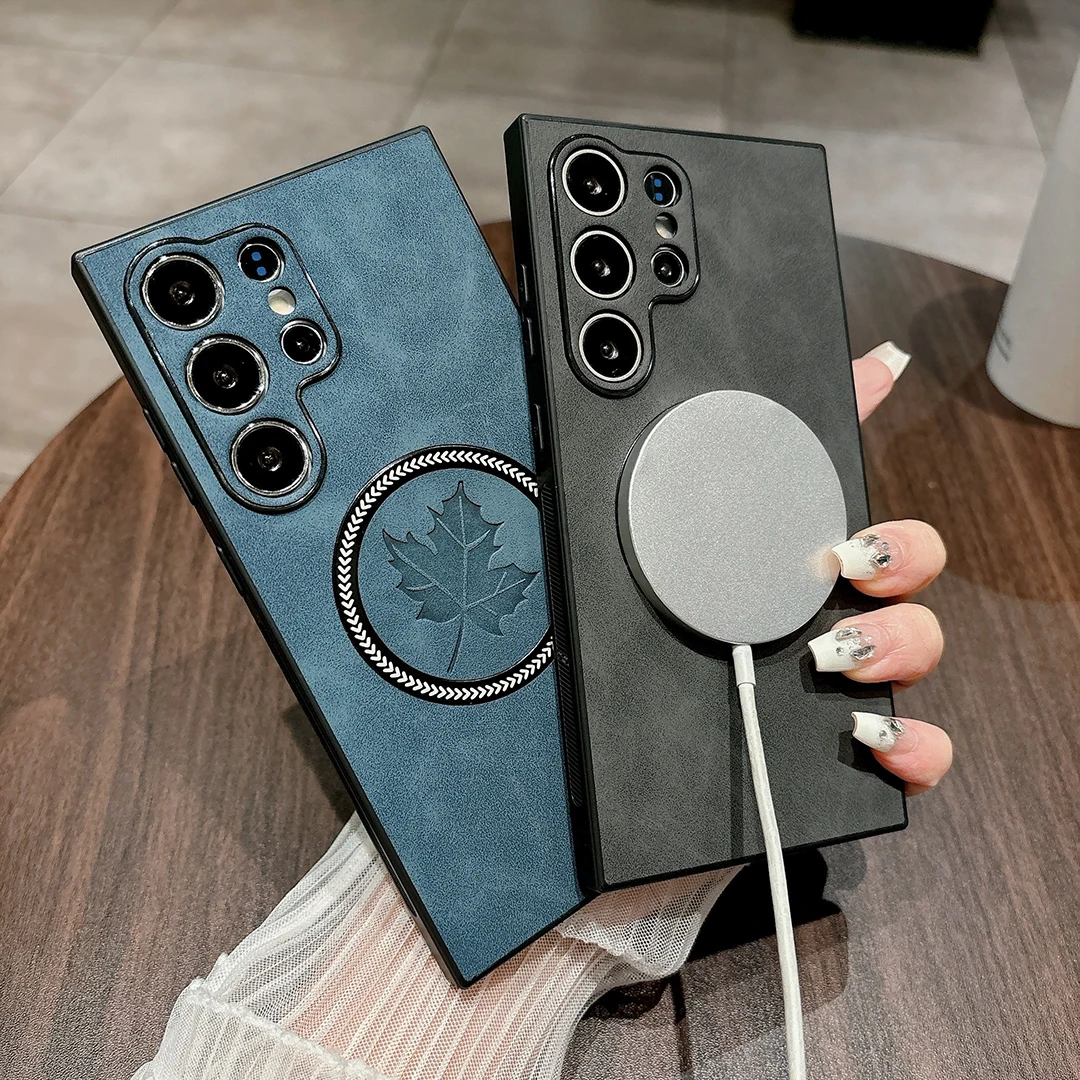 Fashionable Maple Leaf Pattern Leather Phone Case  for Samsung Galaxy S26 Ultra S25 Edge S24 S23 Plus Fe Magnetic Charging Case