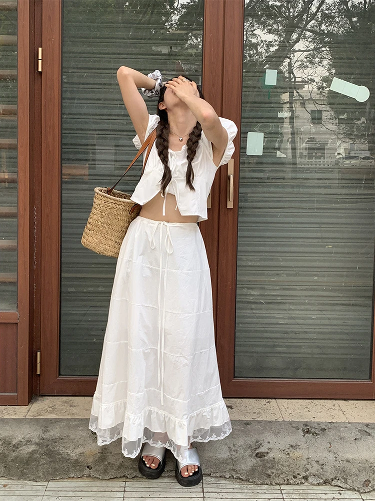 Korobov French Sweet Lace Splicing Half Skirt Female Ins Summer Y2k Skirts Niche Design Feeling Long Dress Female Fashion Faldas